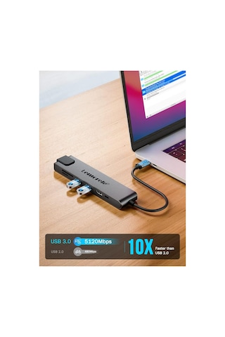 Lemorele Tc25 7 İn 1 Usb Type-c Hub Çoklayıcı Rj45 Ethernet, 2x 3.0 Usb, 4k Hdmı, Sd Kart Okuyuculu Çoğaltıcı