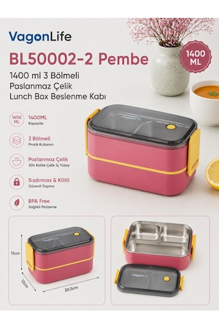 Vagonlife Bl50002-2 Pembe 1400 Ml 3 Bölmeli Paslanmaz Çelik Lunch Box Beslenme Kabı Çok Renkli