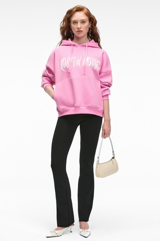 Grimelange ALIRAYNE Kadın Baskılı Oversize Kapüşonlu Kanguru Cep Pembe Sweatshirt