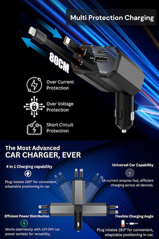 Usb C Typec Araç Şarj Aleti,4'ü 1 Arada Hızlı Şarz Araç 66w Araç Usb Şarj Cihaz Samsung Apple 120w