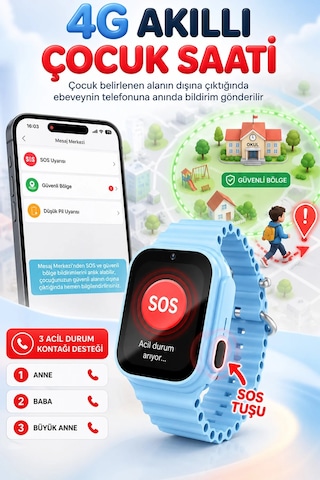 Exenar - Mavi - Akıllı Çocuk Saati 4g Sim Kartlı Gps Rota Takipli Sos Kameralı Görüntülü Konuşmalı Kız Erkek Saat