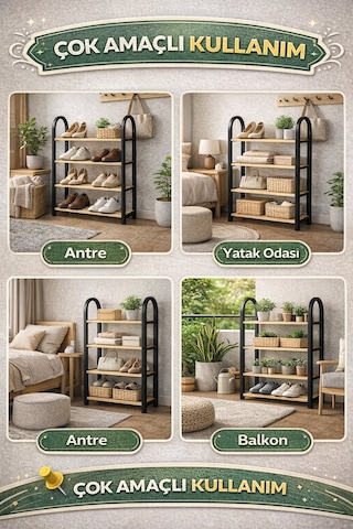 4 Katlı Ayakkabılık Ahşap Raflı Çok Amaçlı Ayakkabı & Düzenleyici Raf