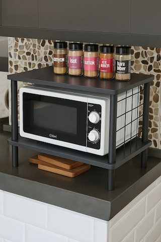 Huzurlu Mutfak Rafı Mikrodalga Rafı Tezgah Üstü Raf Baharatlık 2 Raflı Düzenleyici Kanca Hediyeli Antrasit