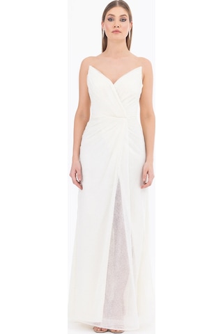 Kadın Dar Form Kolsuz Tam Boy Abiye Elbise - Ekru Ekru