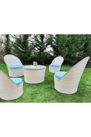 Monalin Home Garden Relax 4 Kişilik Rattan El Örgüsü Ekstra Lüks Masa Sandalye Takımı Minderli Camlı Masalı Oturma Grubu Krem