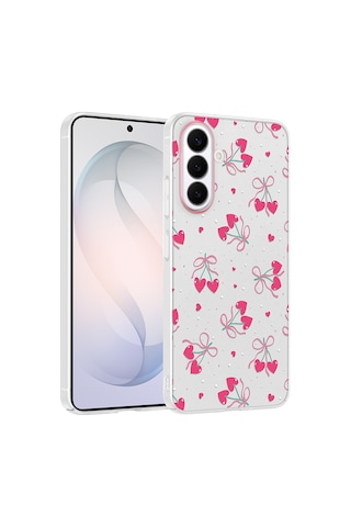 Samsung Galaxy Uyumlu S26 Kılıf Kamera Korumalı Desenli Zore Klip Kapak - Kalpli Kiraz -