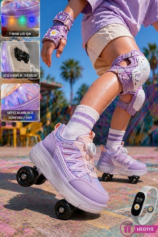 Muggo Sky Çocuk Işıklı Patenli Tekerlekli Sneaker Spor Ayakkabı Lila