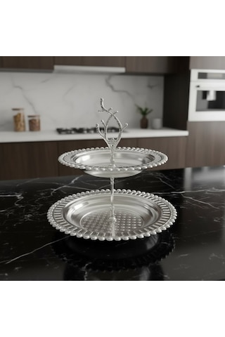 Manolya İki Katlı Yuvarlak Gümüş Renk Servis Tepsisi Gümüş