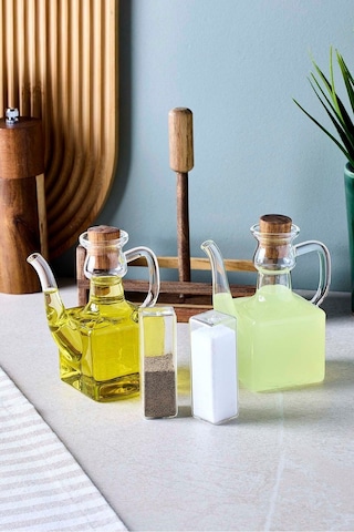 Romey 4'lü Borosilikat Cam Akasya Standlı Yağdanlık Tuzluk Biberlik Seti Seffaf Şeffaf