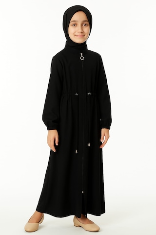 Medine İpeği Beli Lastikli Bağcıklı Çocuk Ferace Siyah Siyah