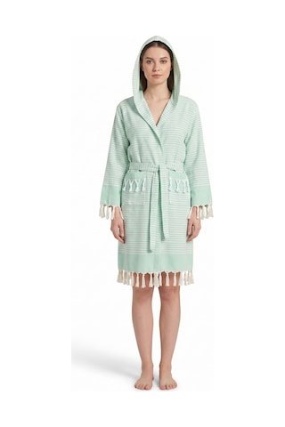 Kapşonlu Unisex Peştemal Plaj Bornozu %100 Pamuklu Seaside Stripe Yeşil