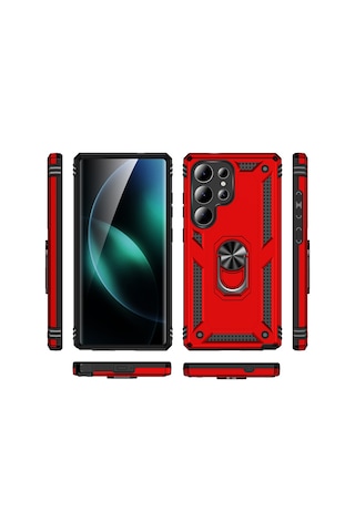 Samsung Galaxy Uyumlu S25 Ultra Kılıf Sofya Yüzüklü Standlı Zırhlı Korumalı Silikon Kılıf Siyah