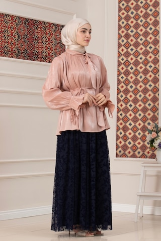 Sevitli Kolu Volanlı Janjan Abiye Bluz-pembe-5767