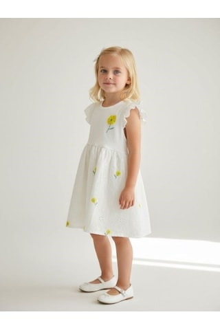 Zekids Kız Çocuk Pamuklu Çiçek Desenli Elbise-17234 BEYAZ
