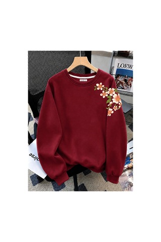 Esade Kadın Beyaz Sarı Çiçek Kol Baskılı Rahat Kalıp Bisiklet Yaka Bordo Sweatshirt Bordo