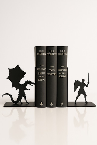 Ejderha Ve Savaşçı Figürlü Metal Kitap Tutucu 2 Li Set Fantastik Dekoratif Kitaplık Aksesuarı