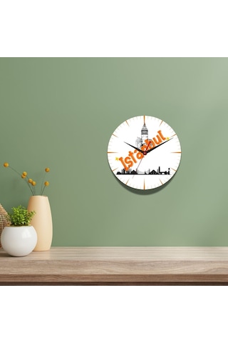 İstanbul Tasarımlı Duvar Cam Saati Beyaz