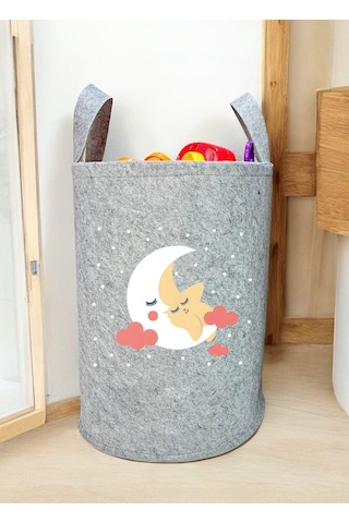 Unisex Ay Yıldız Desenli Bebek Çocuk Odası Düzenleyici Saklama Kutusu Oyuncak Kirli Sepeti 50x40 Cm Gri