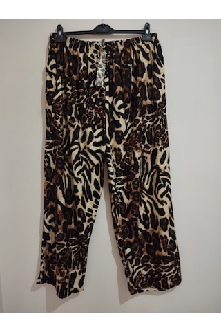 Anne Moda Ankara Kışlık Büyük Beden İnce 2 Cepli Beli Lastikli Yüksek Bel Süet Pantolon Siyah-leopar