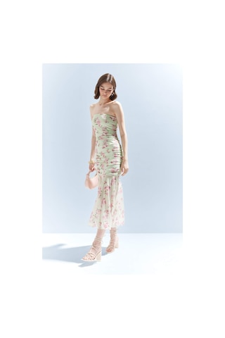 Defacto Coool Bodycon Vücudu Saran Straplez Çiçek Desenli Tül Maxi Elbise F5577ax25smgn766 Yeşil
