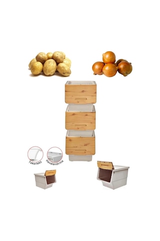 Motek Patateslik Soğanlık Sepeti Oyuncak Kutusu Tekerlekli Organızer Çok Amaçlı Kutu 3x12lt-bambu+krem