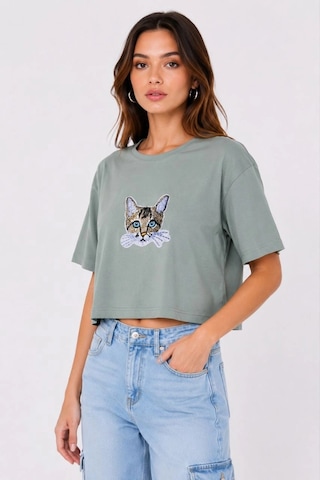 Primemagazam Kadın Kedi Baskılı Oversize Crop Tişört Salaş Basic Yarım Kol T-shirt - Mint Yeşili Çeşitli