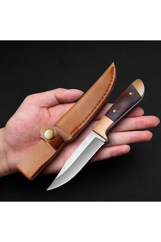 Valkyrie Paslanmaz Çelik Kamp Bıçağı 16 Cm Outdoor Av Bıçağı Deri Kılıflı Kompakt Bıçak Kahve Kahverengi