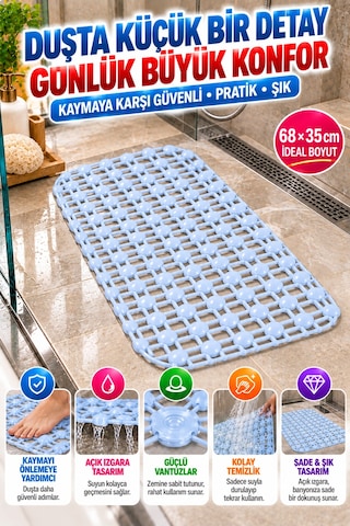 Crystal Kaymaz Vantuzlu Banyo Paspası Mavi 68x35 Cm Islak Zemin Kaydırmaz Küvet Duşakabin Pvc Matı