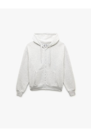 Koton Şardonlu Uzun Kollu Kapüşonlu Kanguru Cepli Oversize Fermuarlı Sweatshirt Kar Melanj 6wal10130ık Gri Melanj