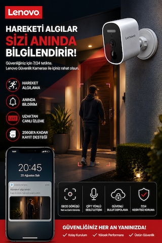 Lenovo 5mp Wifi Adaptörlü Uzaktan İzlenebilen Gece Görüşlü Hareket Algılamalı Güvenlik Kamerası