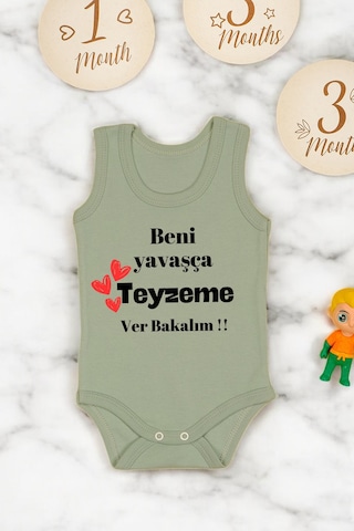 Bebetospik %100 Pamuklu Beni Yavaşça Teyzeme Ver Baskılı Yumuşak Doku Baskılı Zıbın & Body Haki