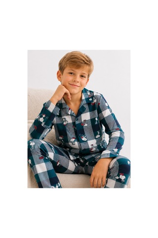 Free Beka Erkek Çocuk Önden Düğmeli Kareli Ve Karakter Desenli Uzun Kollu Pijama Takımı Yeşil
