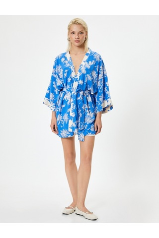 Koton Oversize Kimono Viskon Çiçekli Kuşaklı Mavi Desenli 4sak50028ew Mavi Desenli