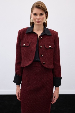 Sateen Kontrast Kısa Tüvit Ceket - Bordo-136337 Bordo