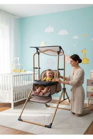Tam Yatarlı Tenteli Mama Tablalı Keten Kumaş Ev Tipi Gold Salıncaklı & Mama Sandalyesi