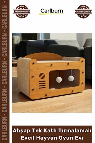 Oyunevi Modern Kedi Köpek Yuvası Peluşlu Ahşap Tek Katlı Tırmalamalı Evcil Hayvan Oyun Evi
