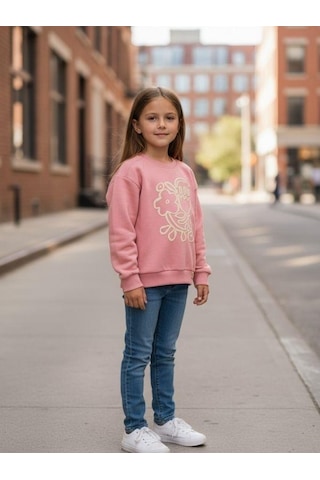 Kız Çocuk Pamuklu Çiçek Desenli Sweatshirt-16337 Pembe