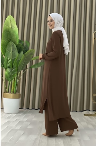 Tesettür İkili Takım Uzun Tunik Bol Paça Pantolon 4006-kahve Kahverengi