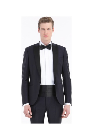 Ramsey Lacivert Düz Fashion Slim Fit Kruvaze Yaka Dokuma Smokin Takım Elbise