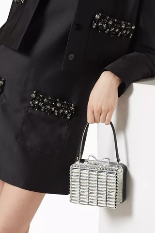 Self-portrait Micro Crystal Çanta Gümüş Deri & Kristal Fiyonk Detaylı Mini Bag Portföy Çanta Beyaz