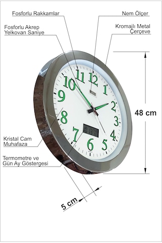 Dev Büyük 48 Cm Krom Metal Çerçeve Fosforlu Duvar Saati Gece Karanlıkta Görünen Nemölçerli Termometreli Takvimli Sessiz Kayar Akar Saniyeli Açık Gri