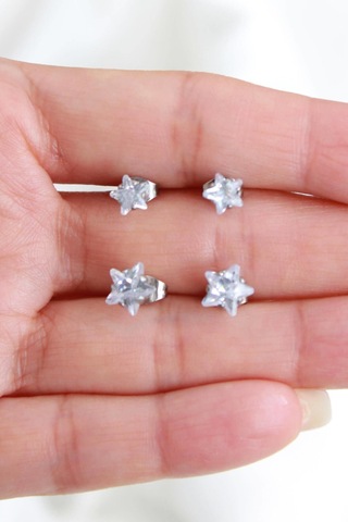 Niki Aksesuar Zirkon Yıldız Taşlı Çelik Büyük Boy Ve Küçük Boy Küpe Set Gümüş