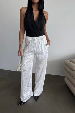 Defymoda Jakar Saten Pantolon - Beyaz Beyaz