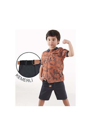 Midimod Erkek Çocuk 3'li Takım Polo Yaka T-shirt Şort Kemer Takım Renkli Çok Renkli