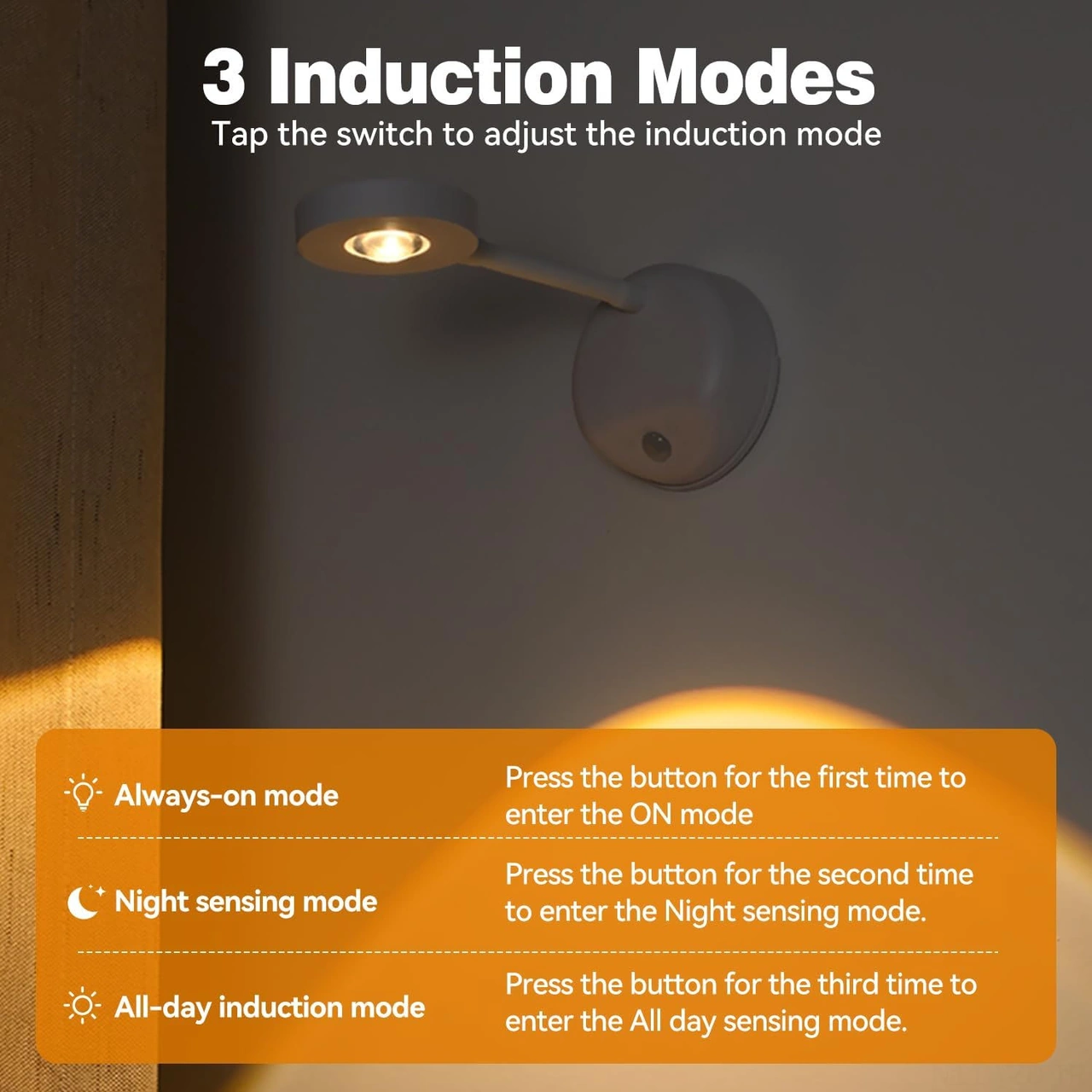 Yuntech01 Duvara Monte Edilebilir Şarjlı Led Spot, İnsan Algılama Özelliği, 3 Renk Seçeneği, 3m Algılama Mesafesi, Gölge Lambası Beyaz