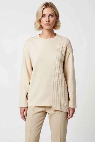 Benerly Kadın Bisiklet Yaka Düşük Kol Relaxed Triko Detaylı Sweatshirt Fo Taş