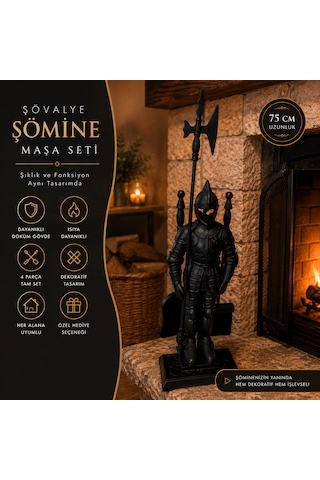Nesspot Döküm Şövalye Figürlü Şömine Maşa Seti 75 Cm Siyah
