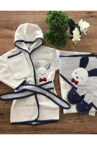 Kulaklı Tavşanlı Bebek Bornoz Seti Lacivert Beyaz Lacivert - Beyaz
