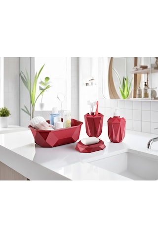 Geometrik Tasarımlı 4 Lü Banyo Seti Sabunluk Diş Fırçalık, Sıvı Sabunluk Sepet Bordo