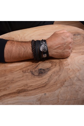 Çelik Aksesuarlı Deri Bileklik - Wings Çelik